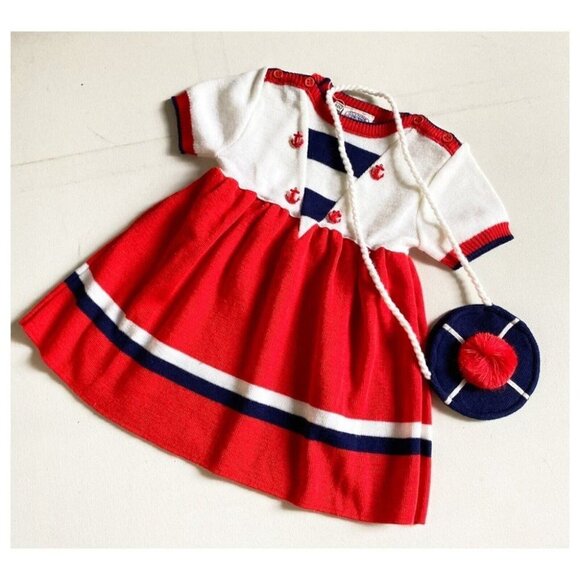 Vintage Glynne Percy Knit Nautical Motif Dress w Matching Purse 24M - Picture 1 of 8